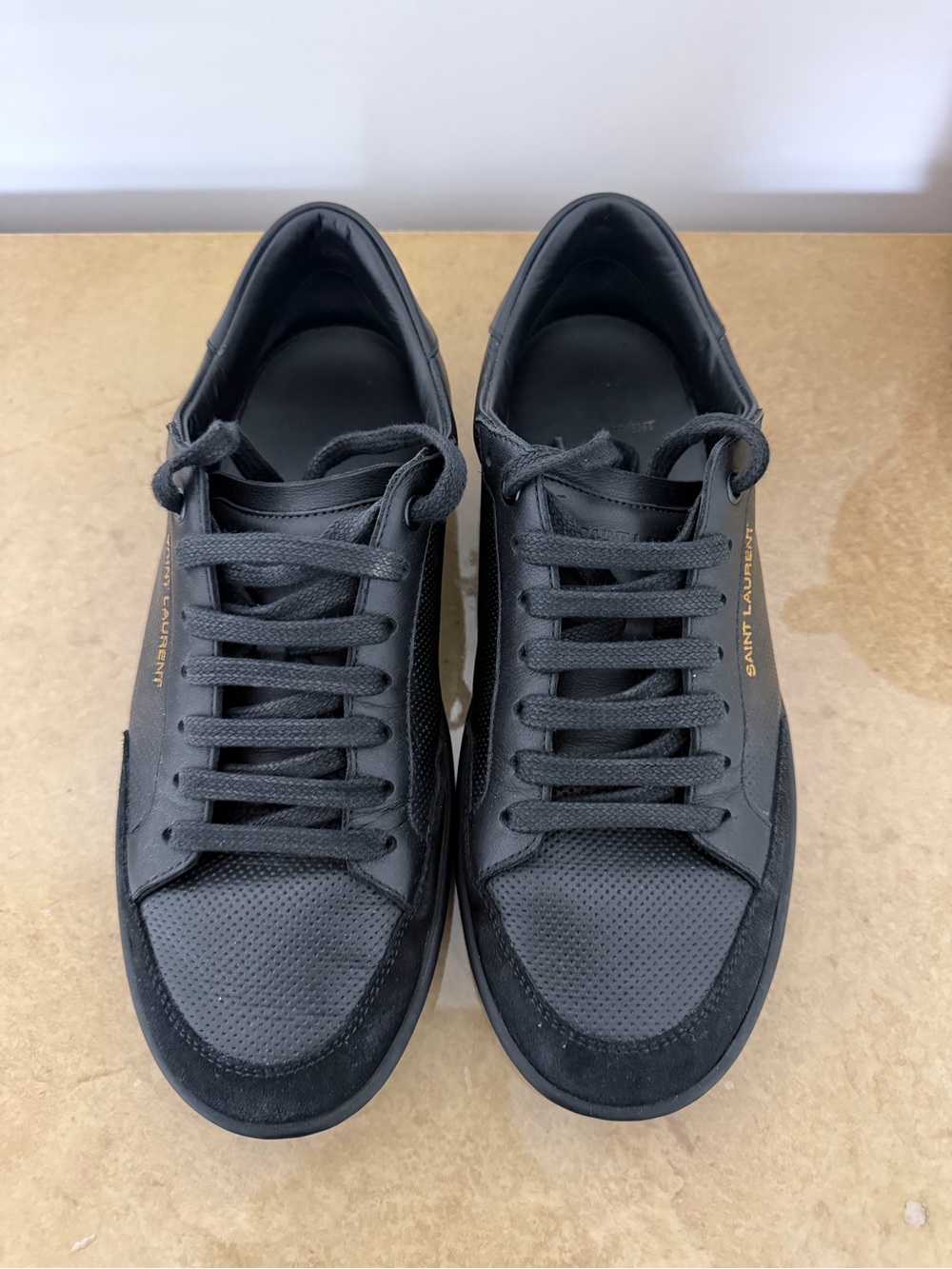 Saint Laurent Black Perforated Leather Low-Top Sneakers with Gold Side Logo